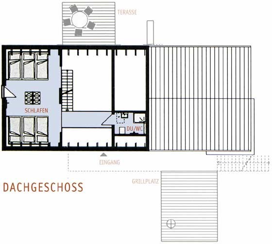 Grundriss Dachgeschoss Ferienhaus Reich: Bettenlager mit sechs Betten im Galeriegeschoss und Duschbad mit WC
